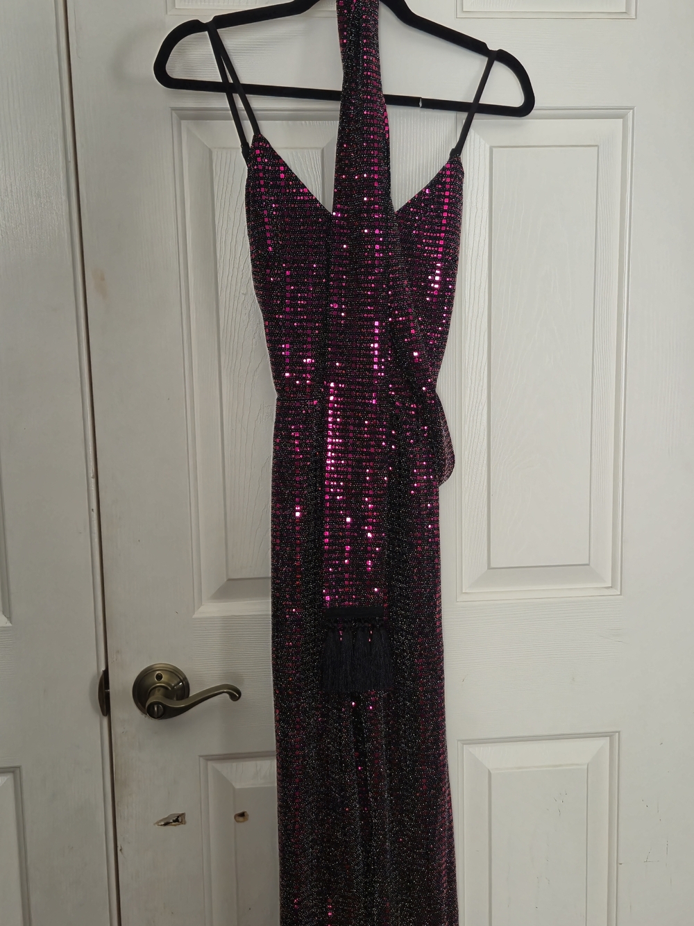 Sequin Pink Evening Gown with Halter Scarf